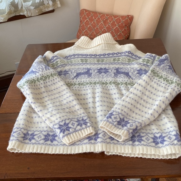 ALPS Nordic Design Cream, Green, & Lavender Wool Reindeer Sweater Womens Large - Picture 9 of 13